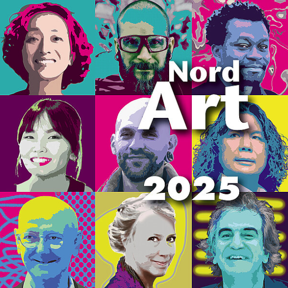 Kollage von neun Porträts in bunten Farben mit dem Schriftzug "Nord Art 2025".