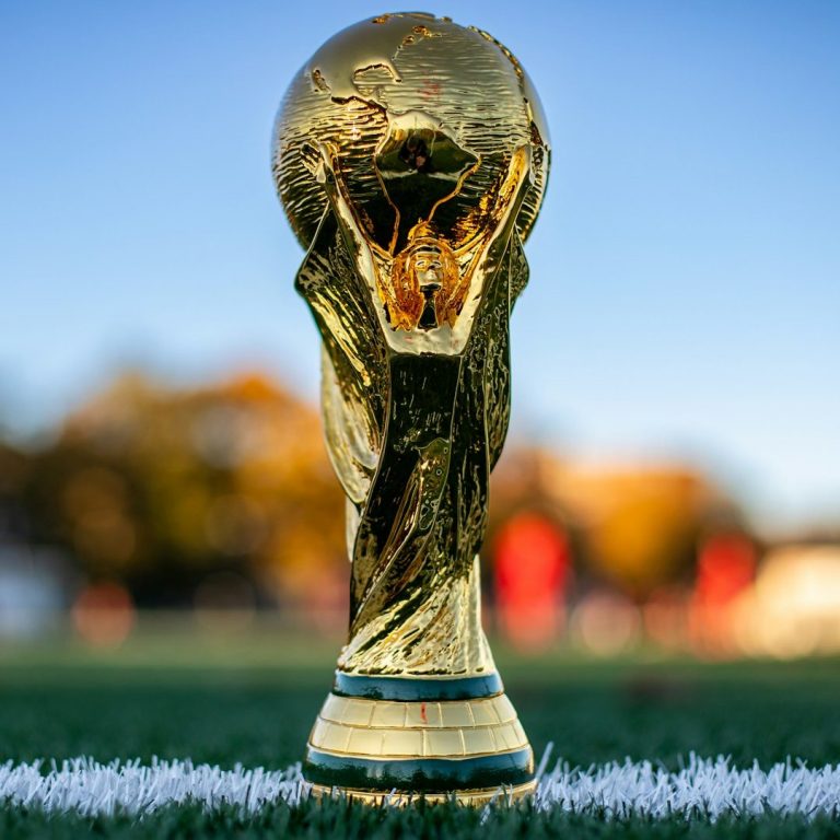 Die goldene Weltmeisterschaftstrophäe auf einem Fußballfeld.